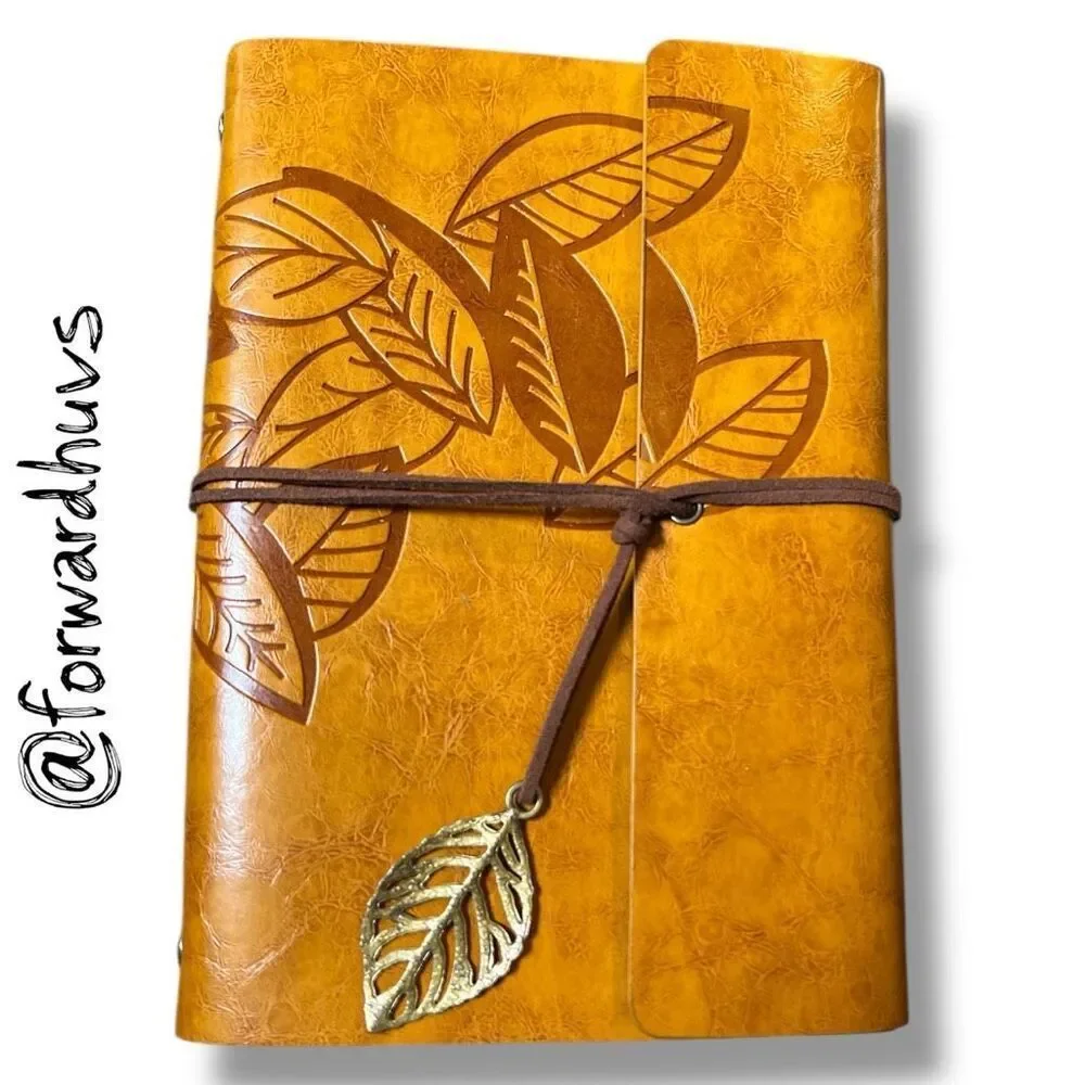 Embossed Leaf PU Leather Notebook - Sketchbook - Unlined Blank Page Notebook